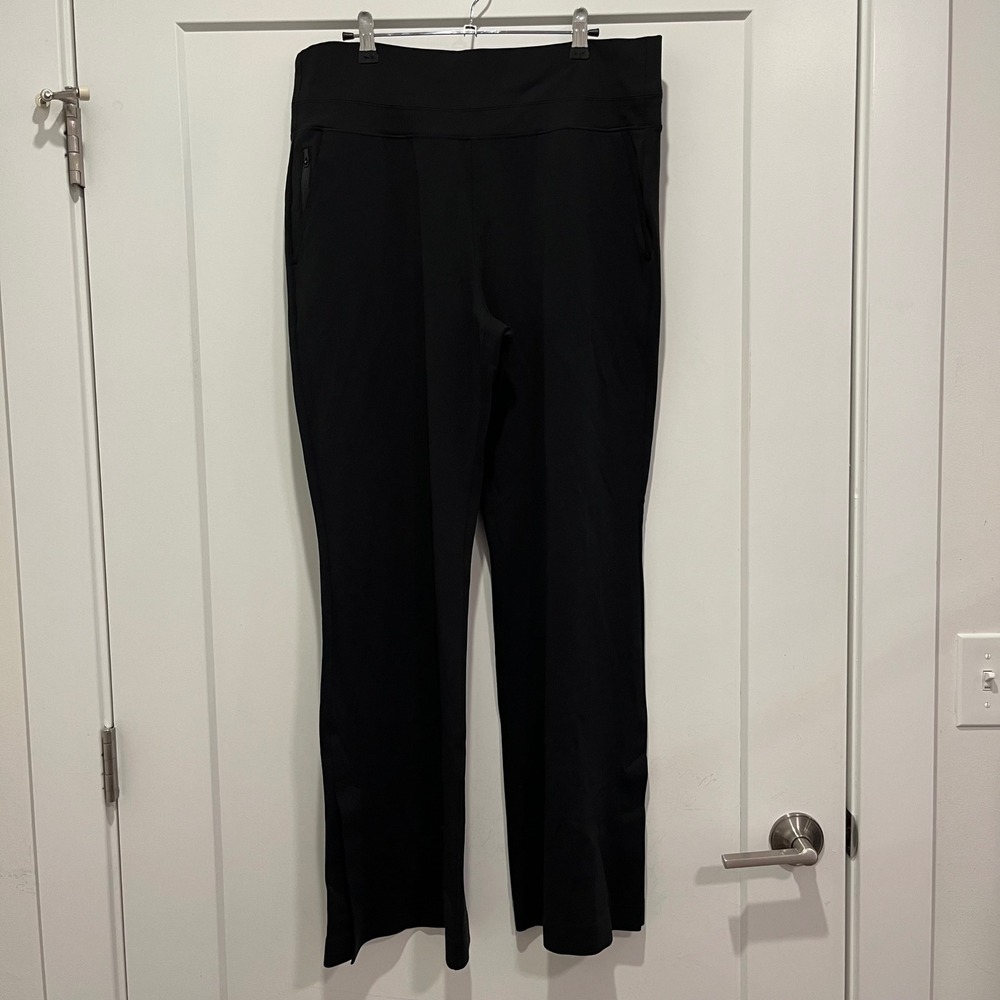 Athleta Black Wide Leg Yoga Pants High Rise Ribbed Waistband Zipper Pockets L